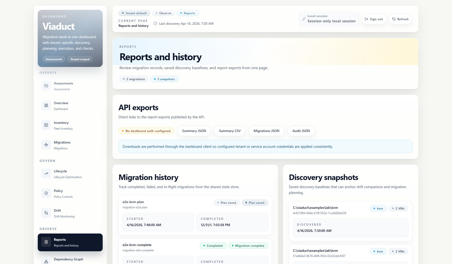 Viaduct reports page listing generated migration and assessment reports
